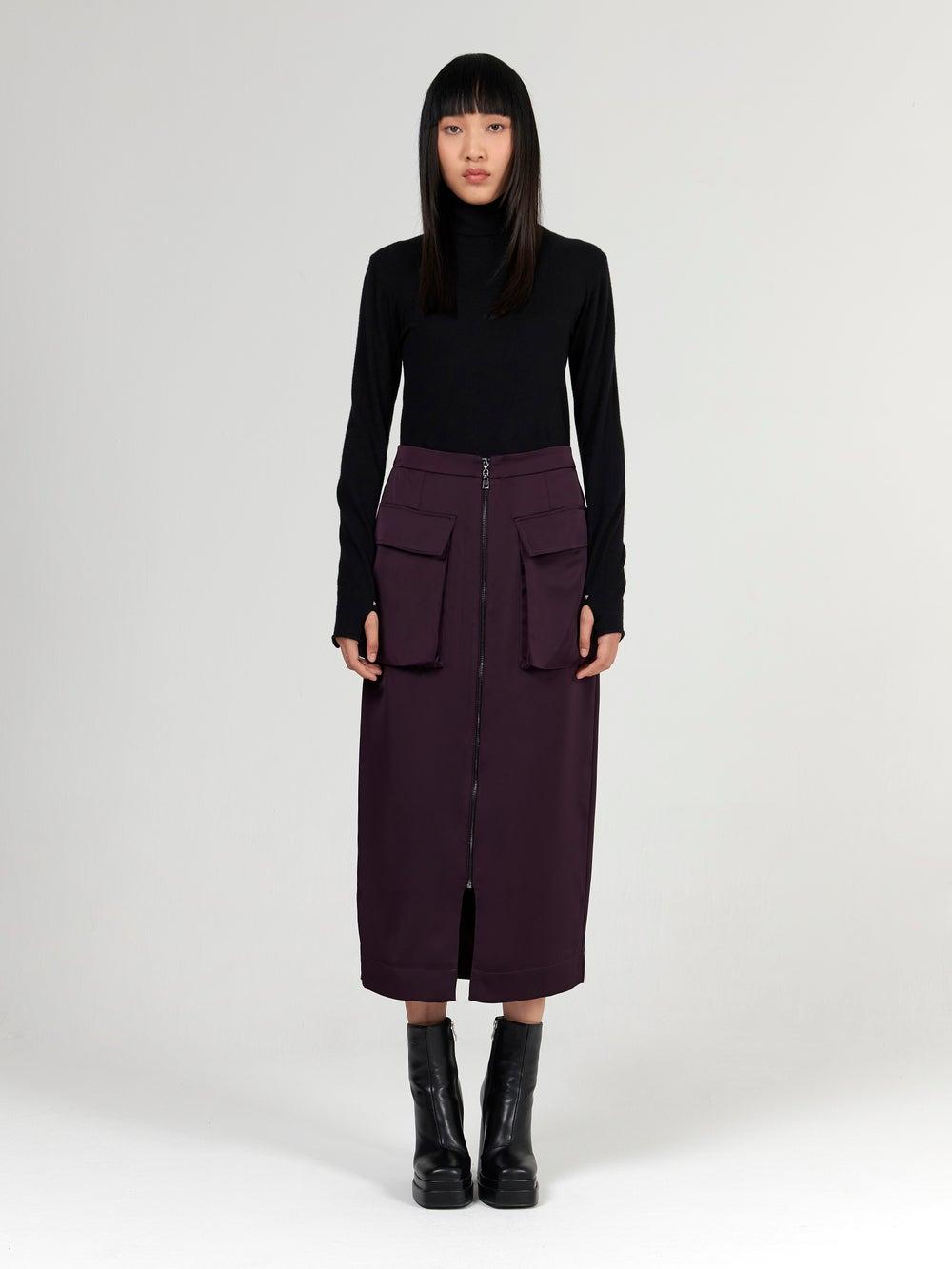 Raisin Satin Front-Zip Cargo Maxi Skirt - Image 1