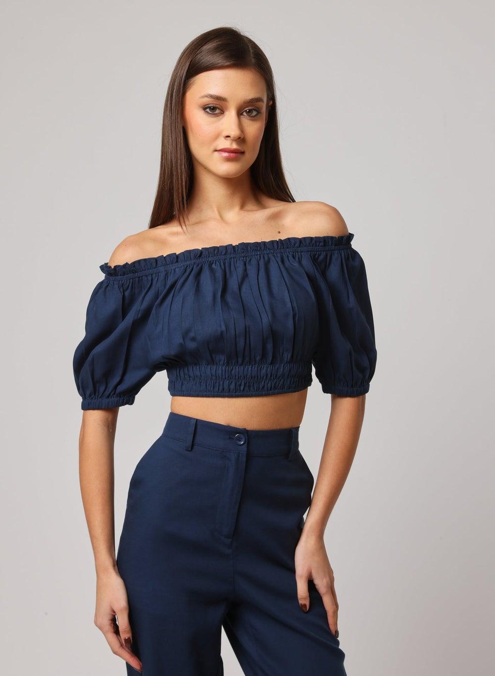Umang Navy Linen Off-Shoulder Cropped Top - Image 1