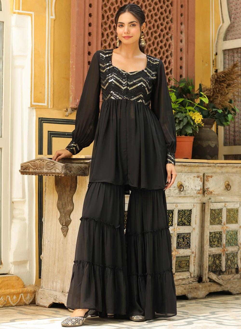 Black Sequined Sharara Set with Square Neck Elegance - Image 1