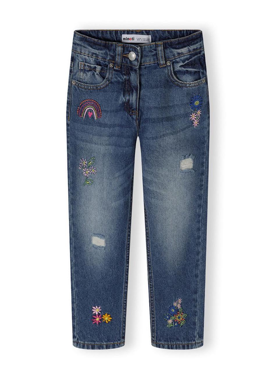 Girls Navy Straight Leg Jeans with Floral Embroidery - Image 1