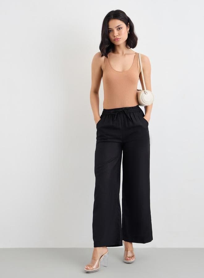 Black Linen Look Wide Leg Drawstring Pants - Image 1