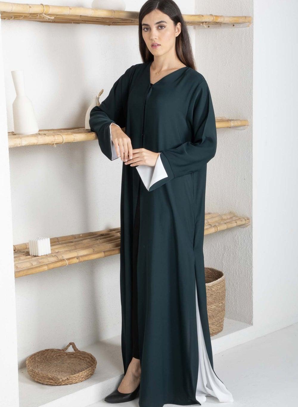 Nida Color Block Abaya with Elegant Side Frills - Image 1