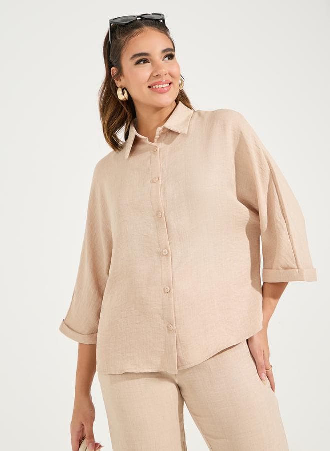 Styli 7009098802 Relaxed Solid Turn-Up Sleeve Shirt - Image 1