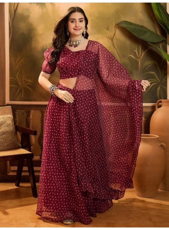 Maroon Bandhani Print Lehenga Choli Set - Image 1