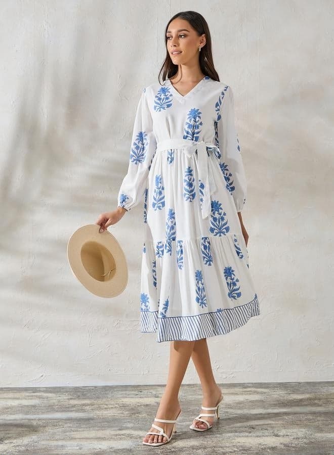 Styli Floral Tie Belt Midi Dress - Image 1