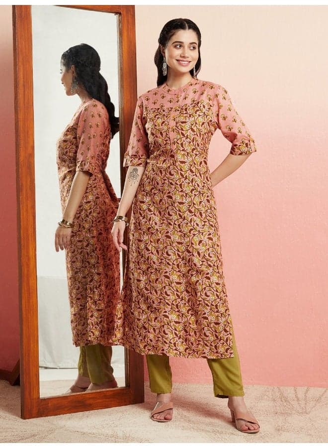 Pink Floral Printed Straight Kurta with Green Contrast - Image 1