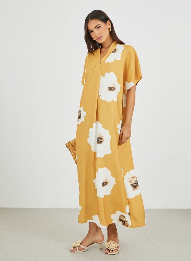 Mustard Floral Batwing V-Neck Maxi Dress - Image 1