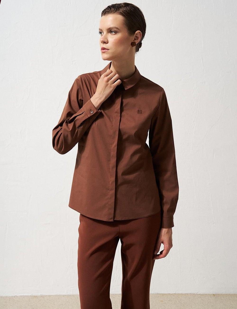 Dark Brown Poplin Tunic with Shirt Collar Detail - Image 1