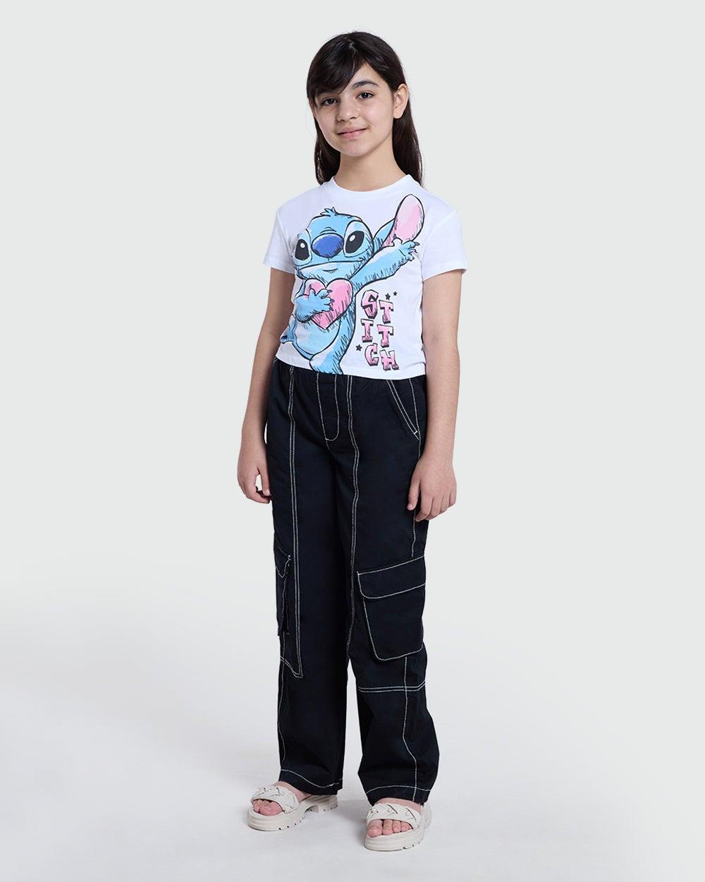 Black Contrast Cargo Pants Girls Straight Fit Cotton - Image 1