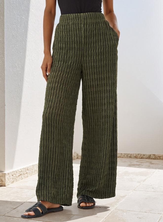 Textured Green Wide Leg Pants in Soft Polyester - Image 1