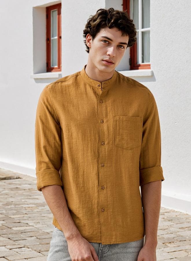 Lee Cooper Brown Mandarin Collar Regular Fit Shirt - Image 1