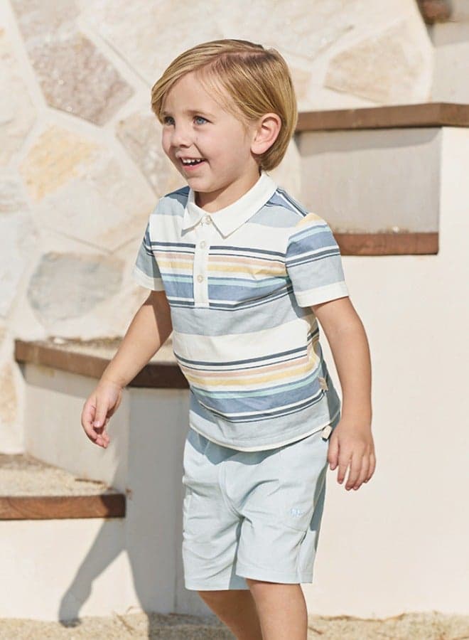 Boys Striped Polo Shirt & Sky Blue Shorts Set - Image 1