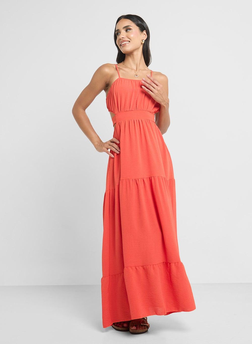 Ly26384 Coral Textured Tiered Maxi Dress - Image 1