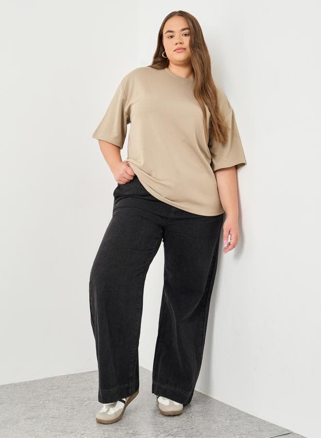 Styli Plus Grey Wide Leg Drawstring Jeans Mid Rise - Image 1