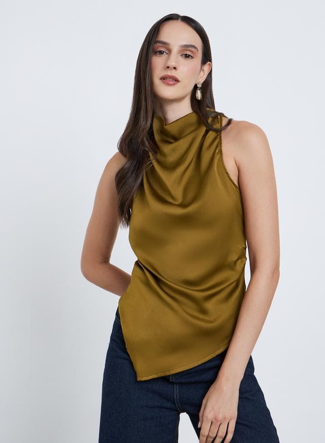 Green Turtle Neck Asymmetric Hem Blouse for Women - Image 1