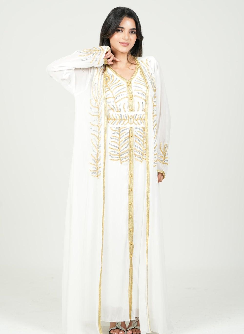 White Embroidered Chiffon Kaftan Jalabia Dress - Image 1
