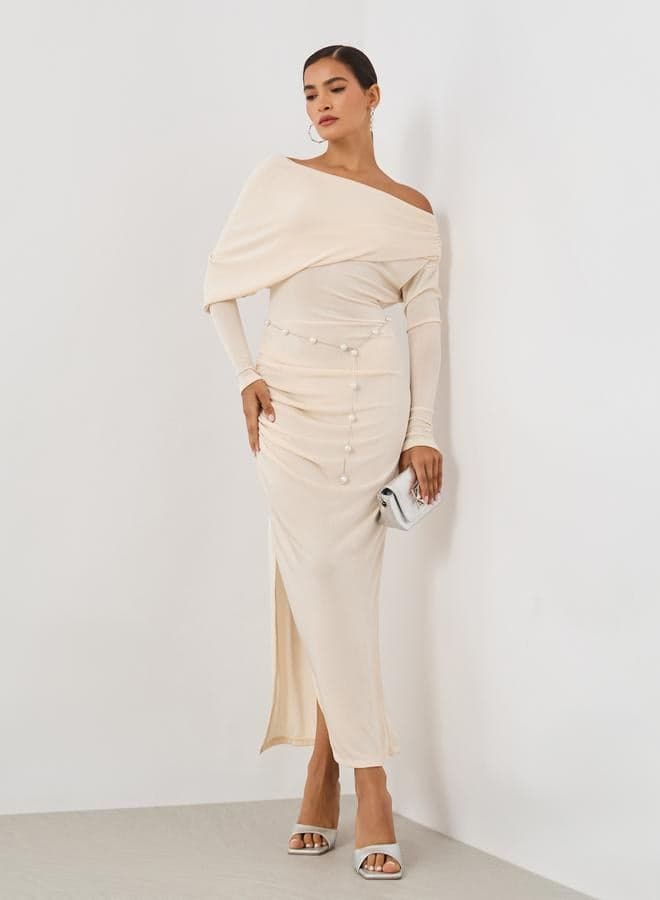 Cream Draped Maxi Dress with Pearl Chain Belt - Image 1