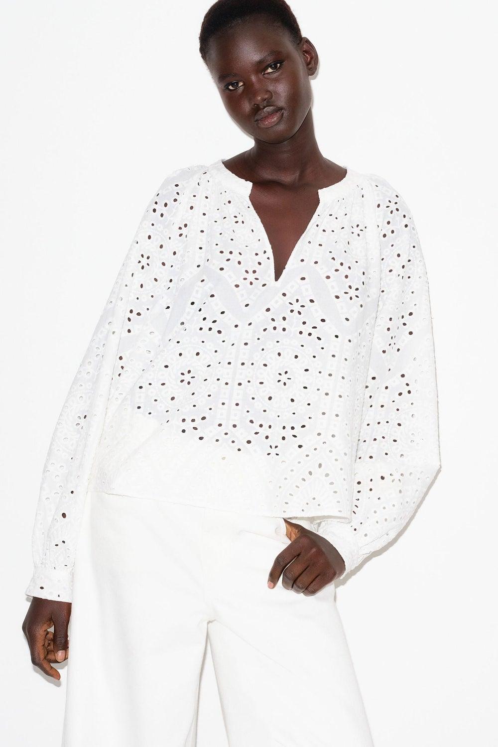 White Broderie Anglaise Balloon Sleeve Blouse - Image 1