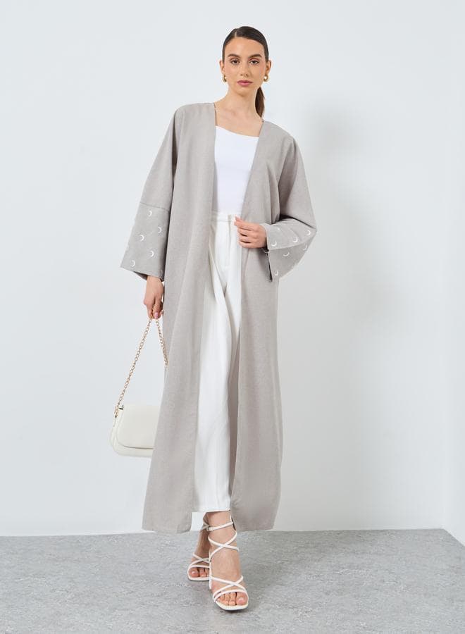 Grey Embroidered Sleeve Open Front Abaya - Image 1