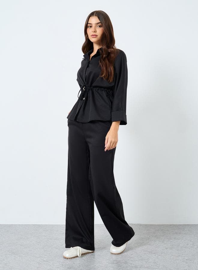 Styli Black Drawstring Co-Ord Shirt & Wide-Leg Pants - Image 1