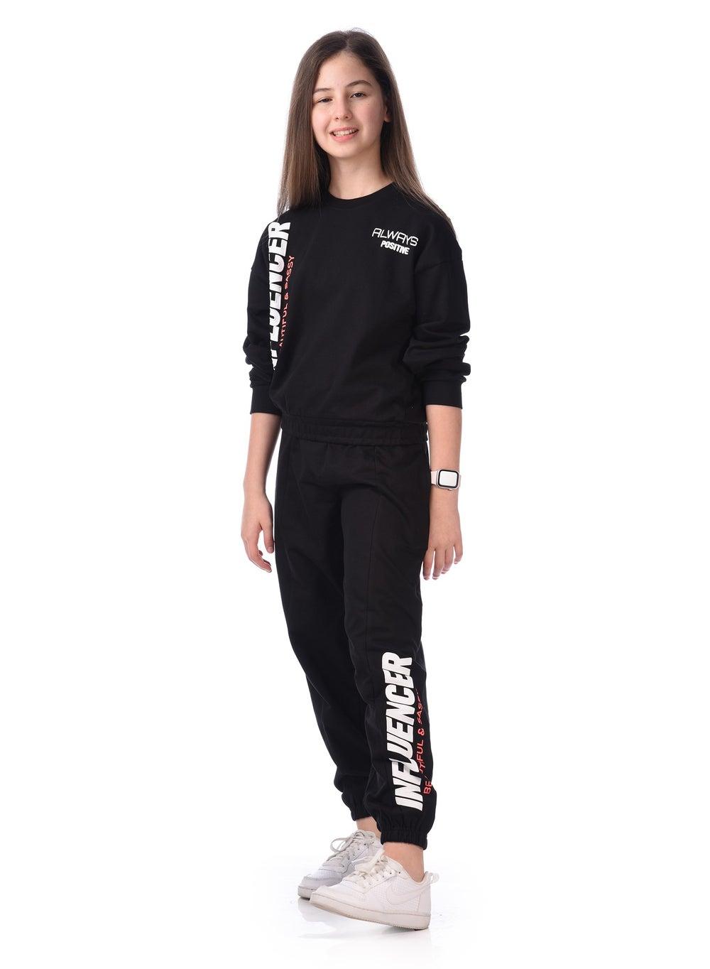 Black Graphic Cotton Tracksuit Set – Relaxed Fit - Image 1