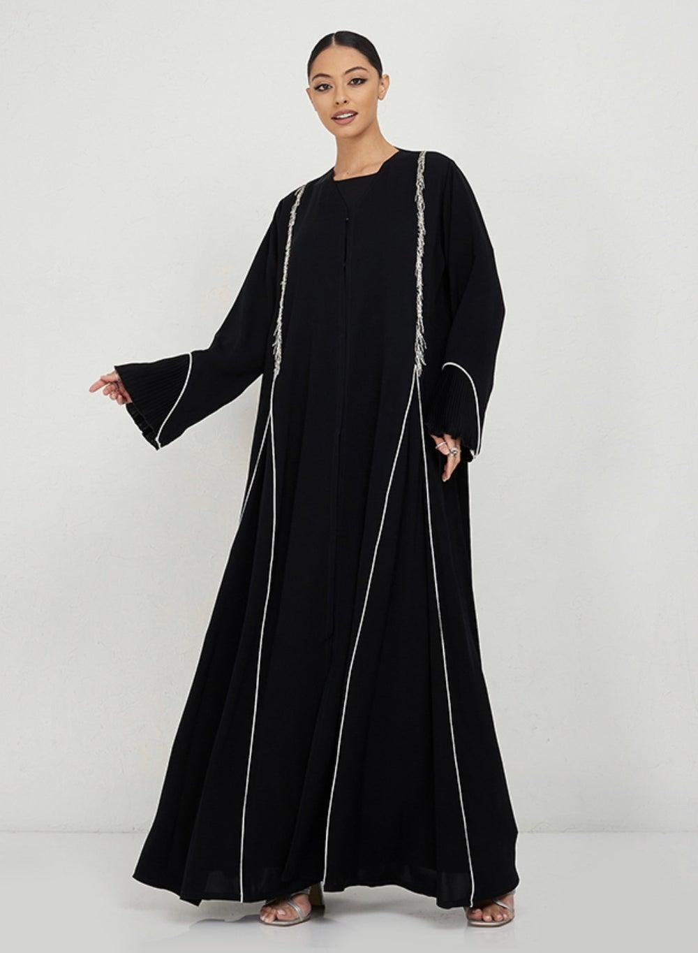 White-Piping Stones Black Abaya - Image 1