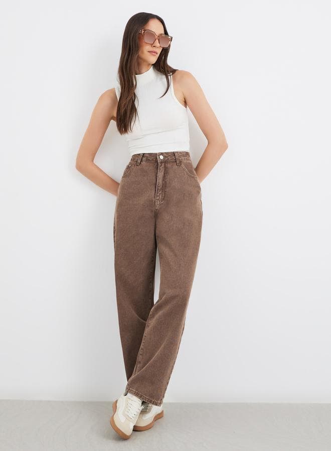 Brown High Rise Washed Mom Fit Jeans - Image 1