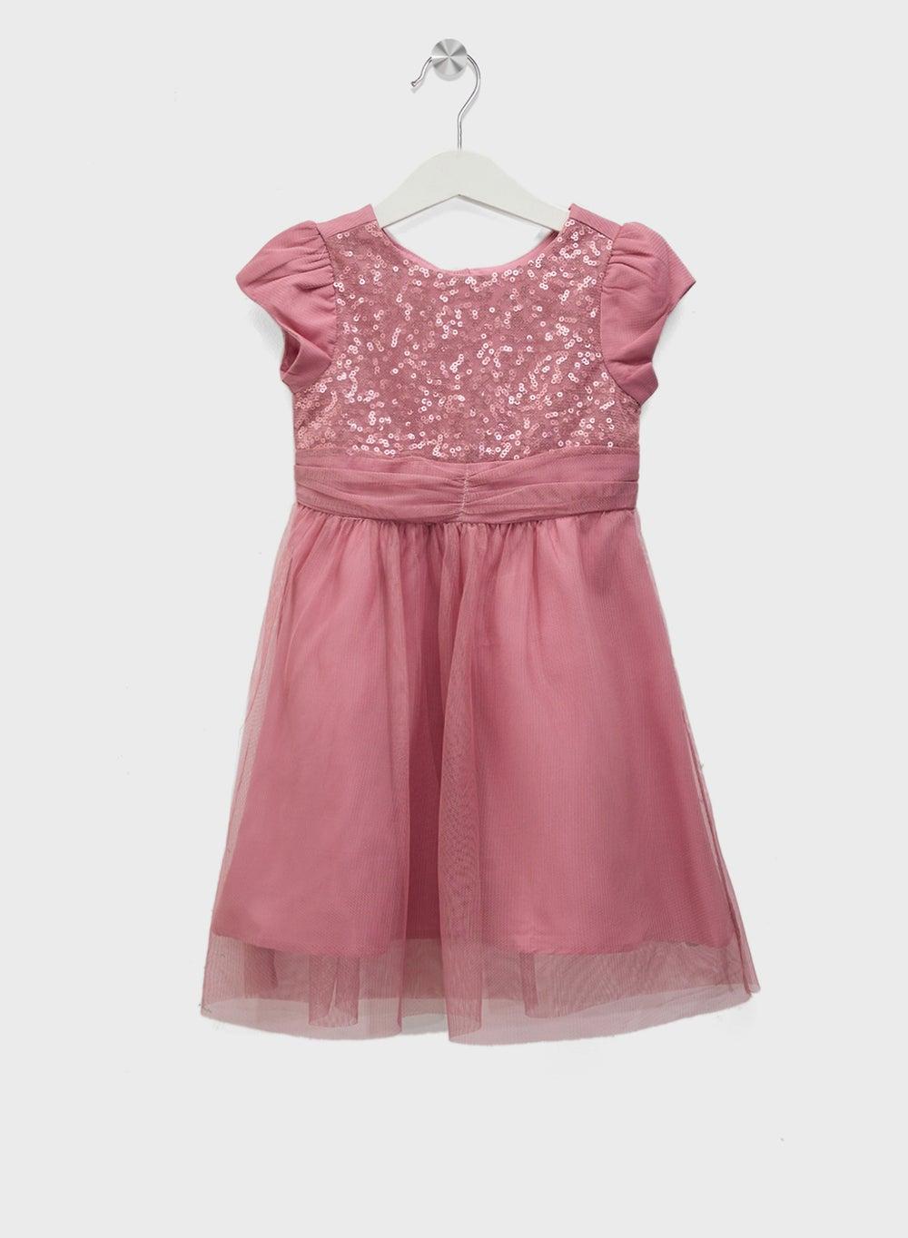 Rose Pink Sequin Bodice Tulle Midi Dress - Image 1