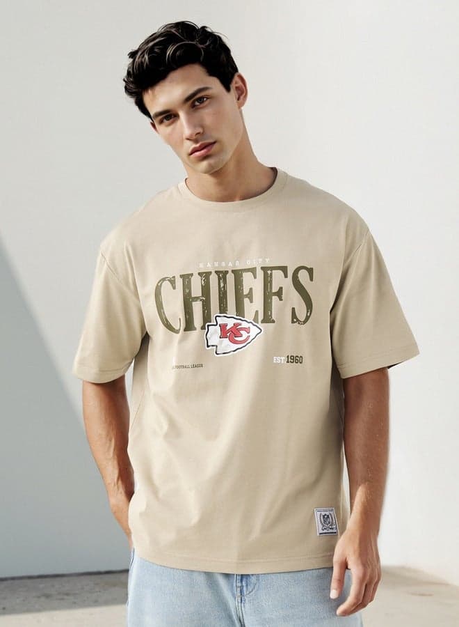 Beige Relaxed Fit Printed Cotton Blend T-Shirt - Image 1