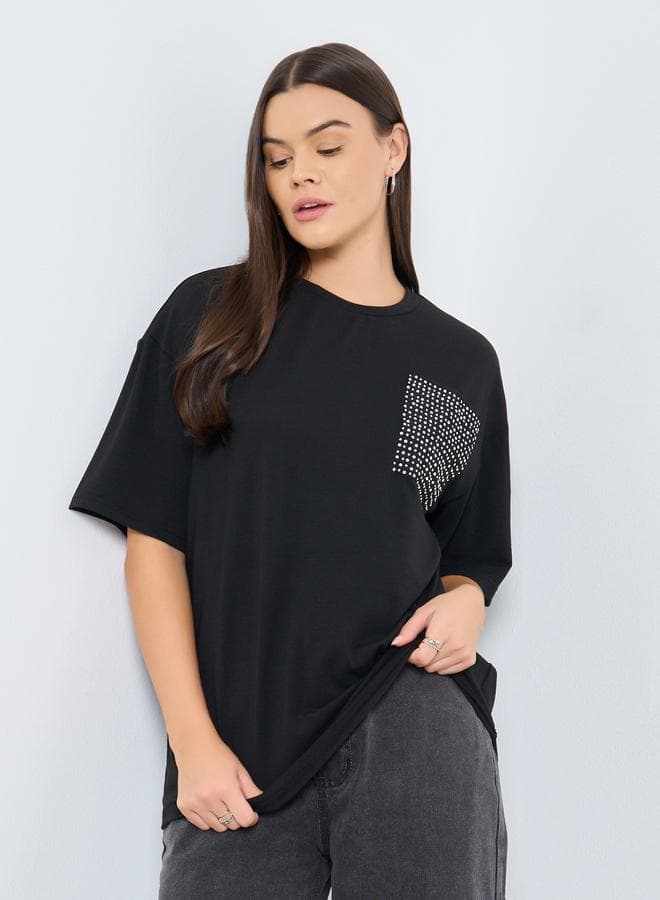 Styli Black Studded Oversized Pocket T-Shirt - Image 1