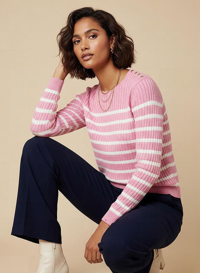 Pink Striped Cotton Crew Neck Sweater - Image 1