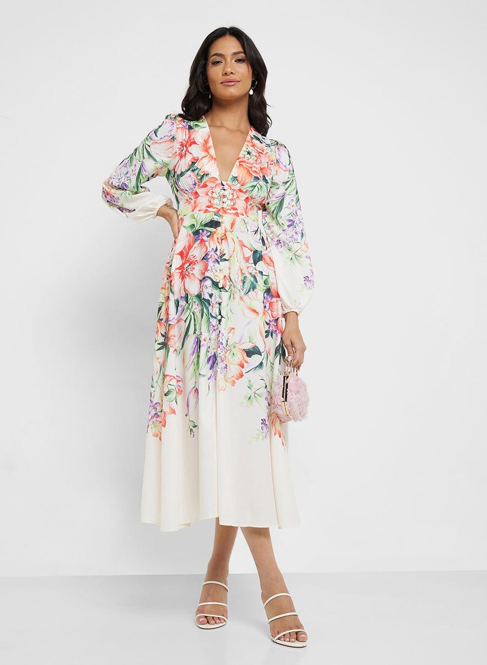 Floral Print Midi Dress 2150 Elegant Fit & Flare - Image 1