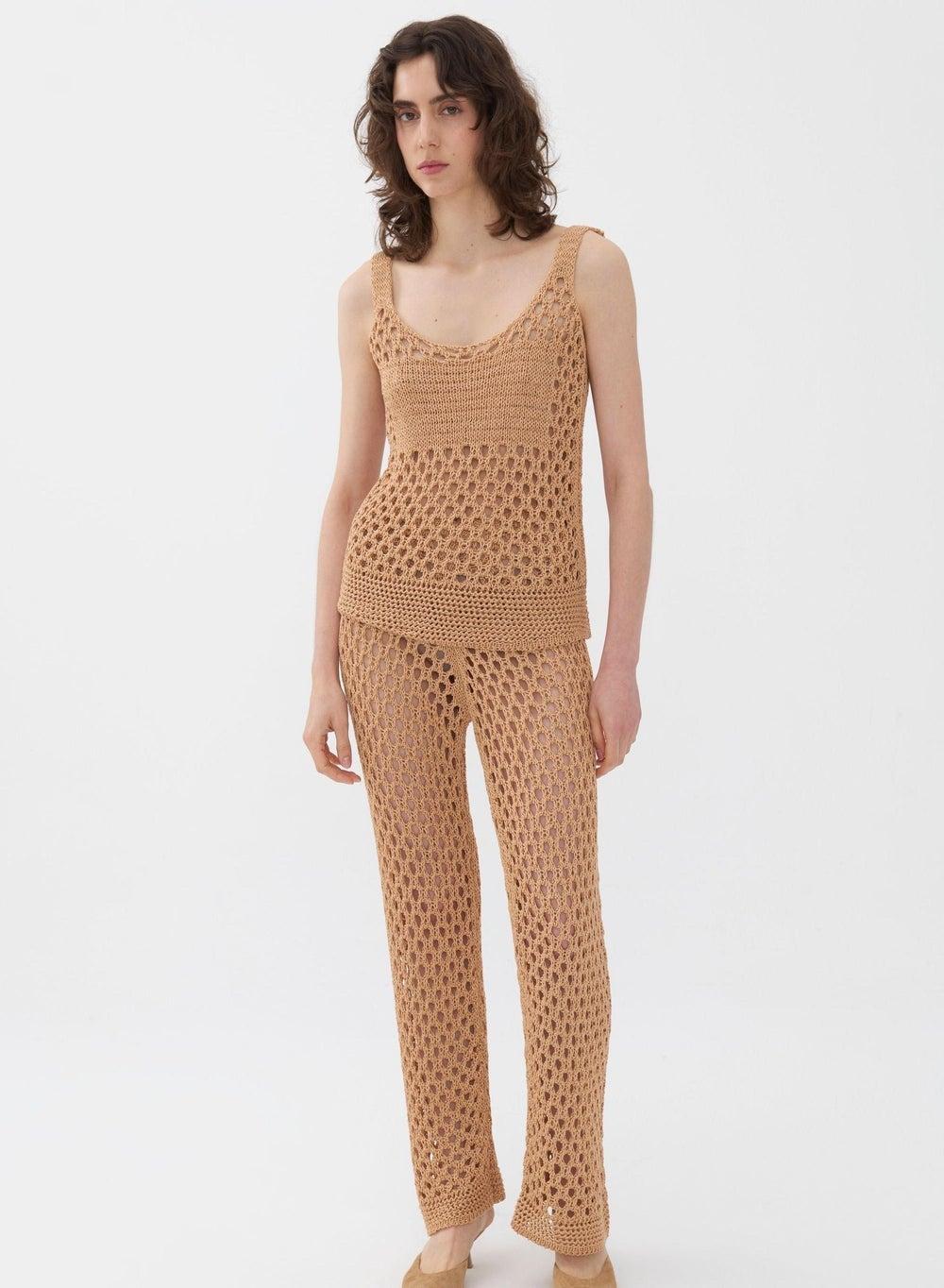 Beige Fishnet Knit Sleeveless Cardigan - Image 1