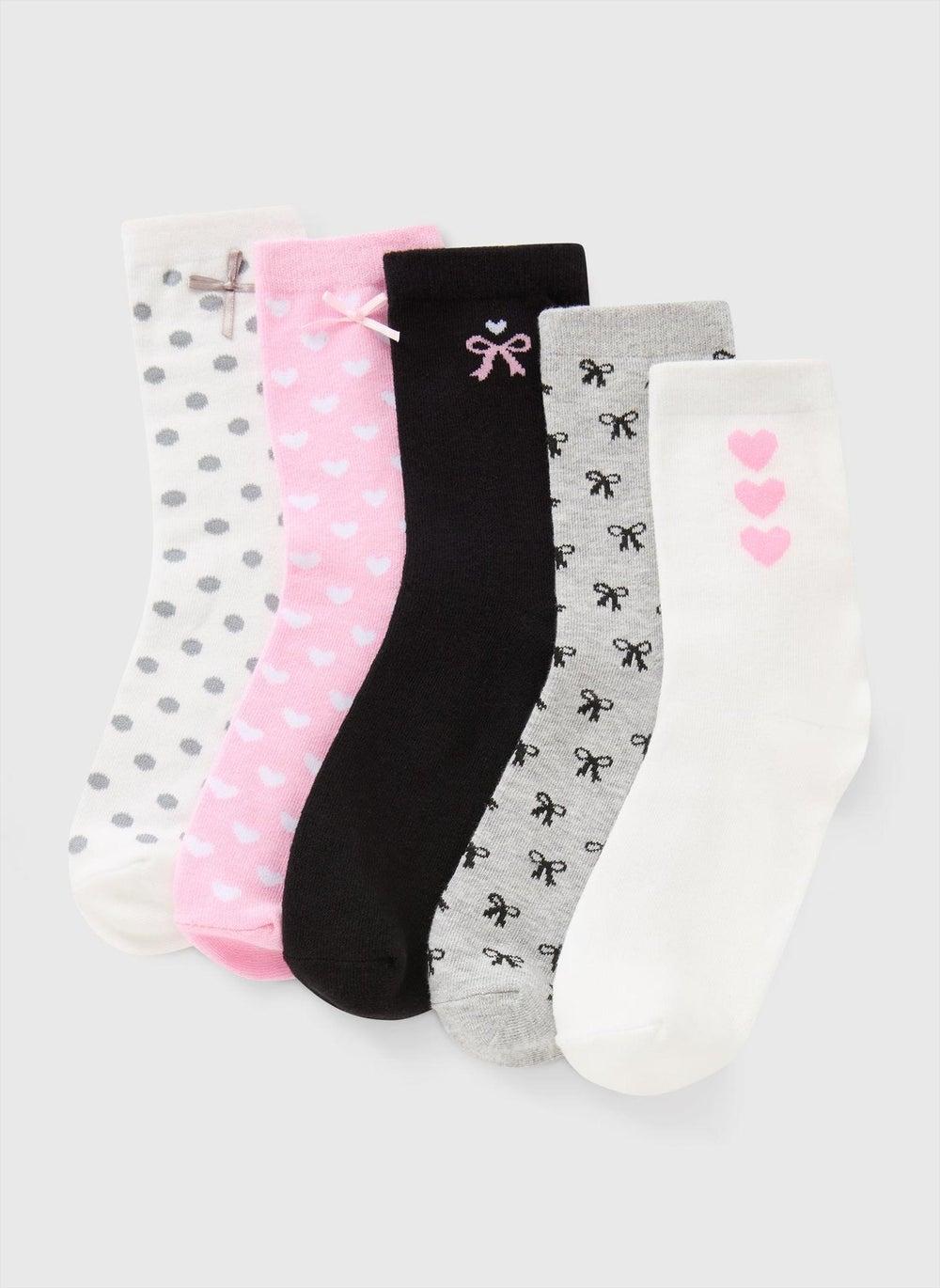 5 Pack Bows & Hearts Cotton Blend Ankle Socks - Image 1