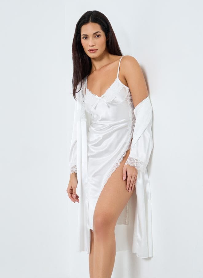 Lace Trim Side Slit Slip Dress & Robe Set - Image 1