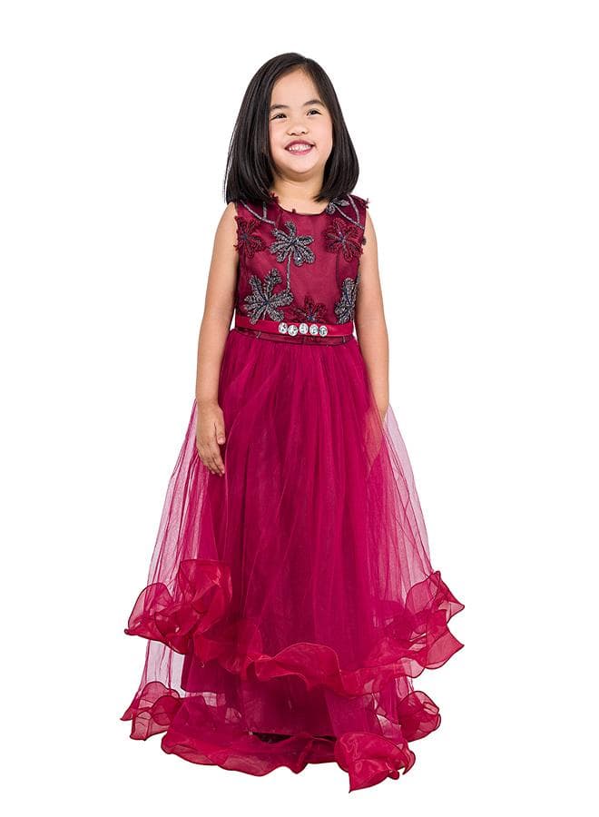 Floral Tulle Maxi Dress 5490 with Beaded Waist - Image 1