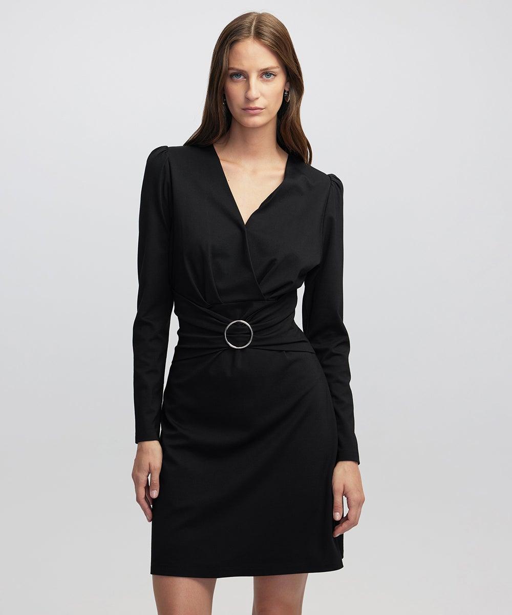 Flared Fit V-Neck Metal Buckle Mini Dress - Image 1