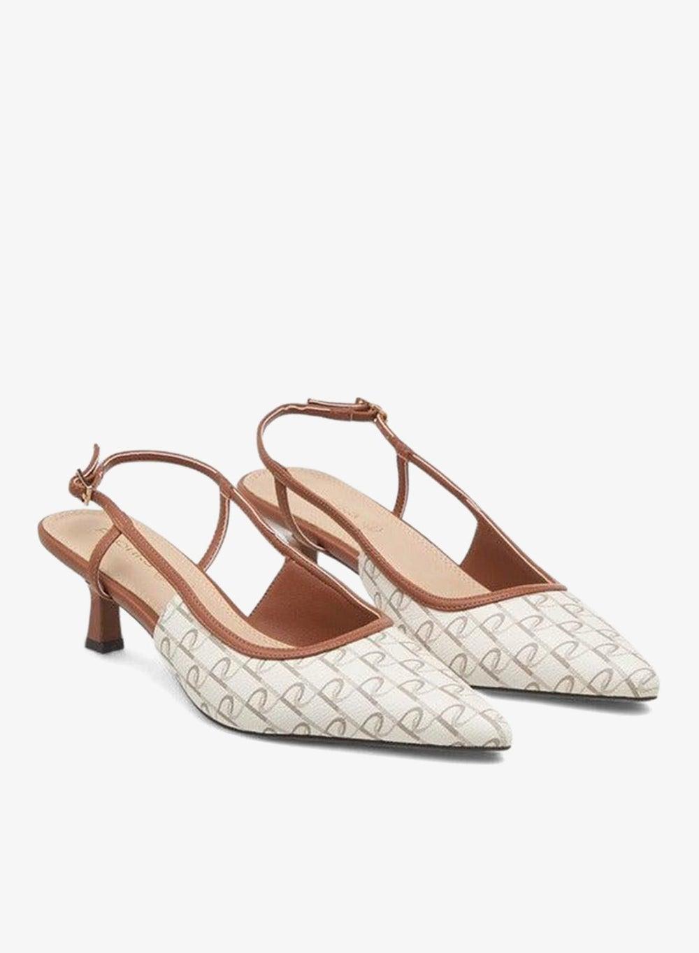 Beige Monogram Slingback Kitten Heel Pumps J07923 - Image 1