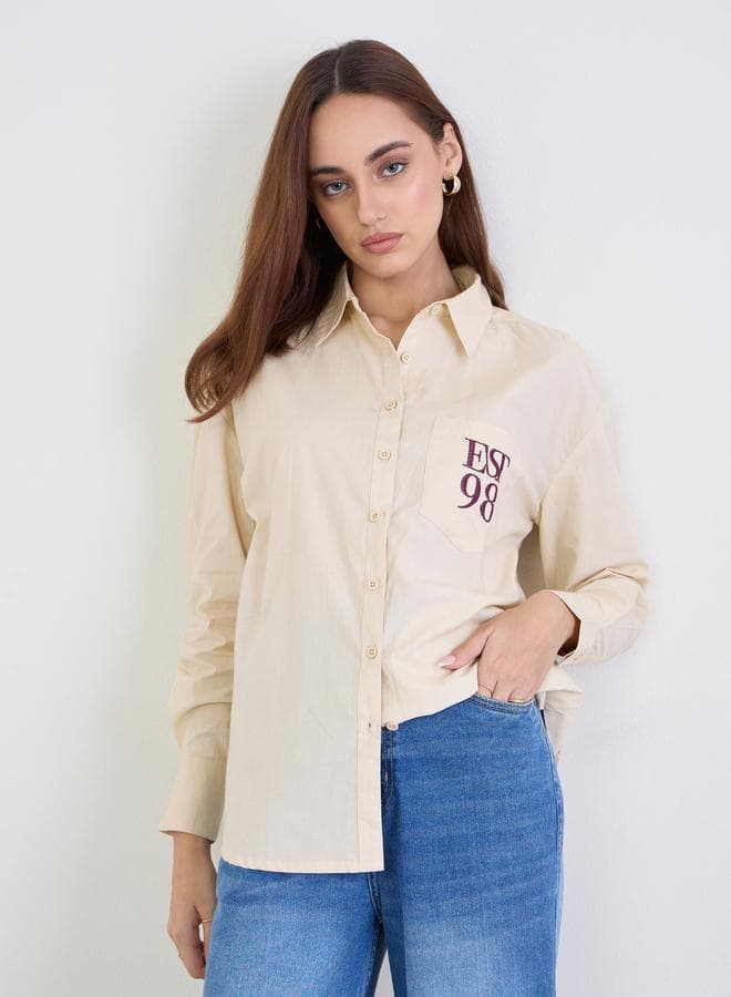 Styli Beige Oversized Cotton Shirt with Patch Pocket - Image 1