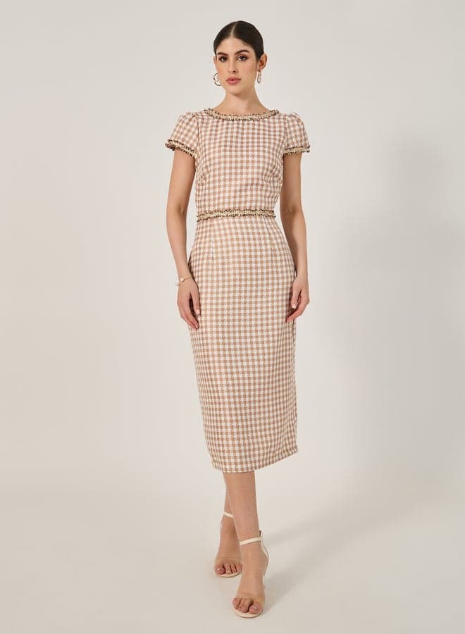 Gingham Midi Pencil Dress 7011776502 Beige - Image 1