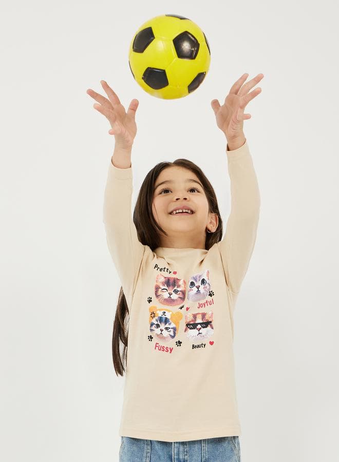Girls Beige Graphic Print Regular Fit T-Shirt 2111971202 - Image 1