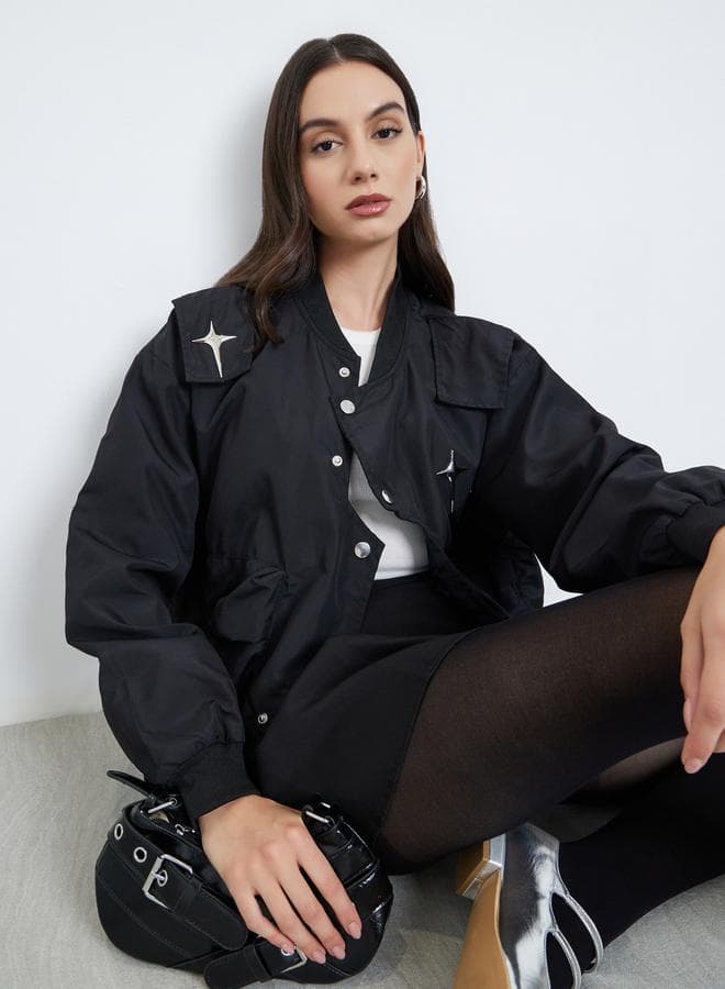 Styli Black Studded Utility Midi Jacket - Image 1