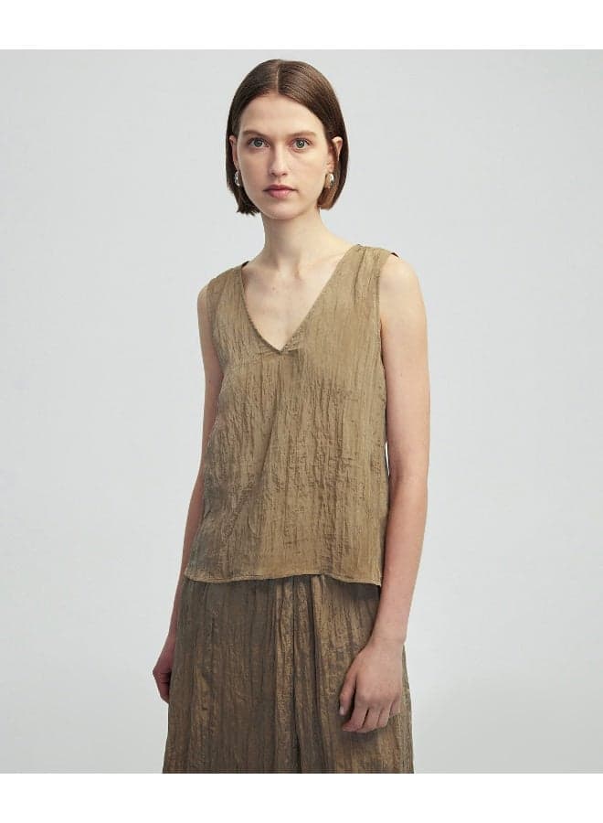Light Natural Crinkle-Effect V-Neck Blouse - Image 1