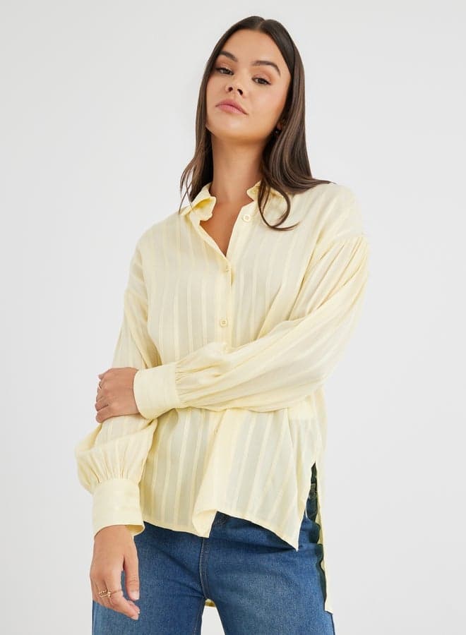 Green Striped Balloon Sleeve Collared Oversized Shirt - Image 1