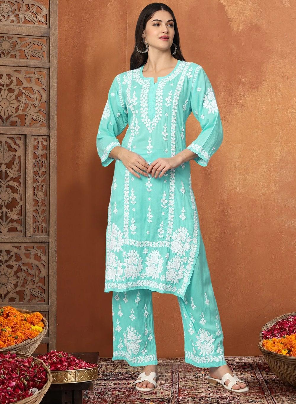 Seagreen Chikankari Modal Kurta Set AL4049KS - Image 1