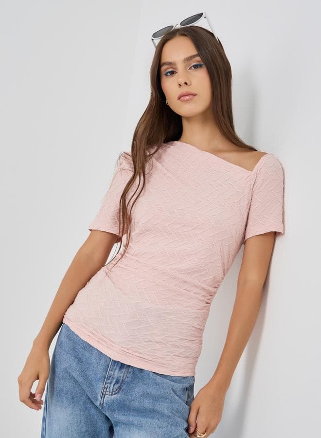 Pink Textured Asymmetric Neck Knit Top - Image 1