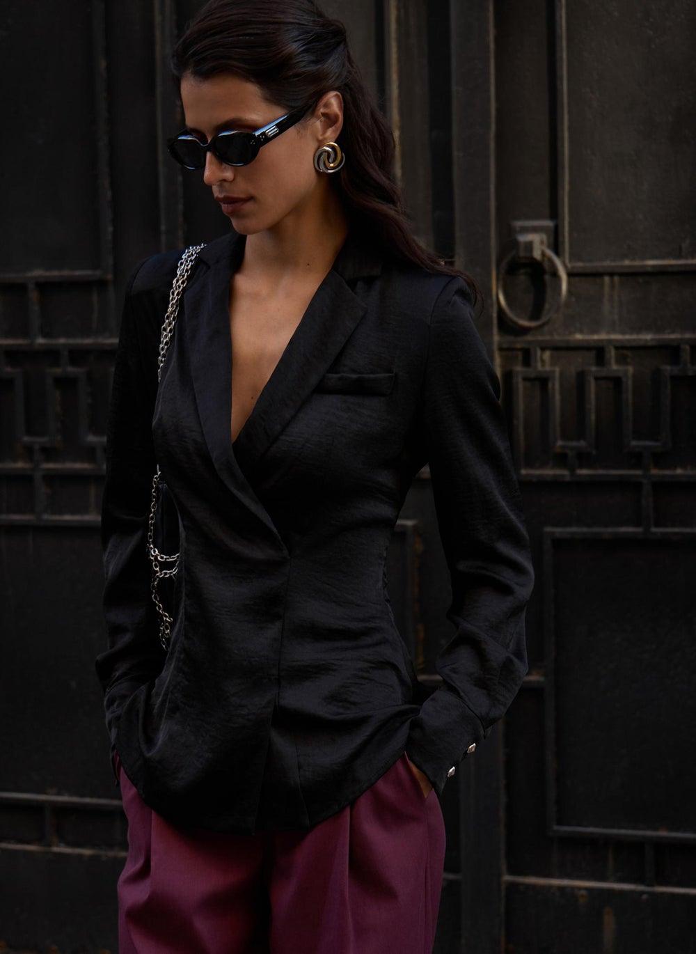 Black Wrap-Style Fitted Blouse with V-Neck Detail - Image 1