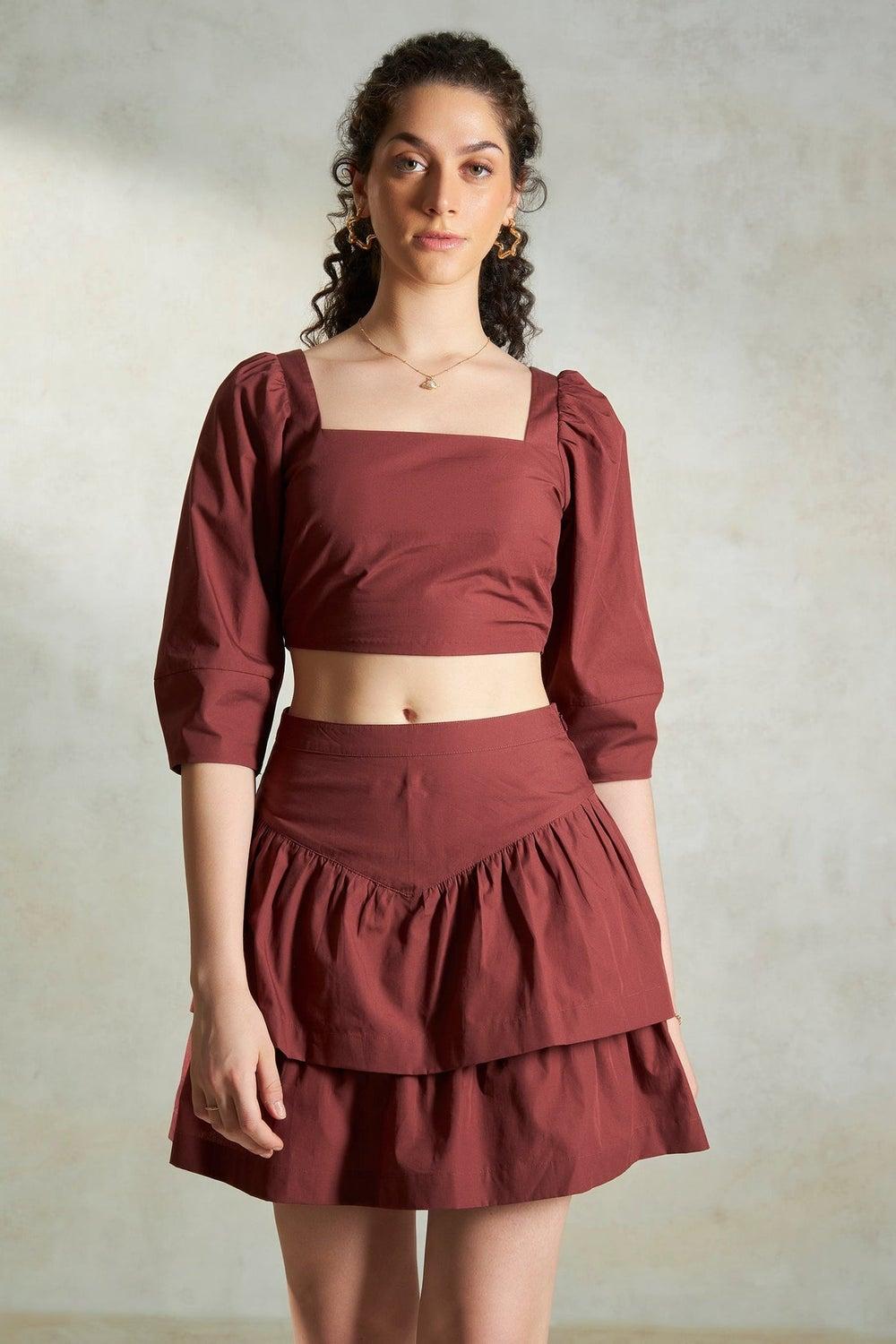 Chocolate Brown Cotton Square Neck Puff Sleeve Crop Top - Image 1