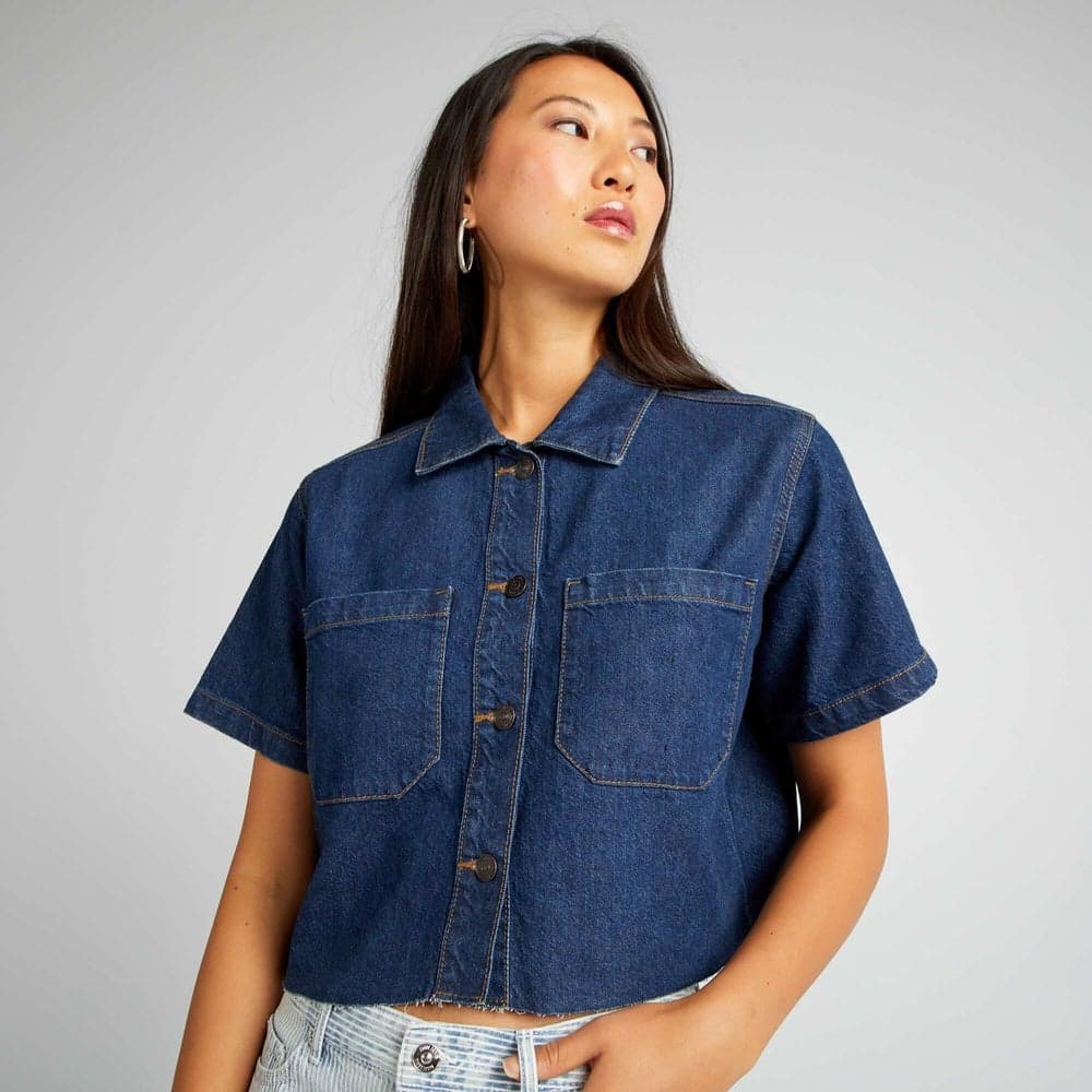 Blue Cropped Denim Shirt in Premium Cotton - Image 1