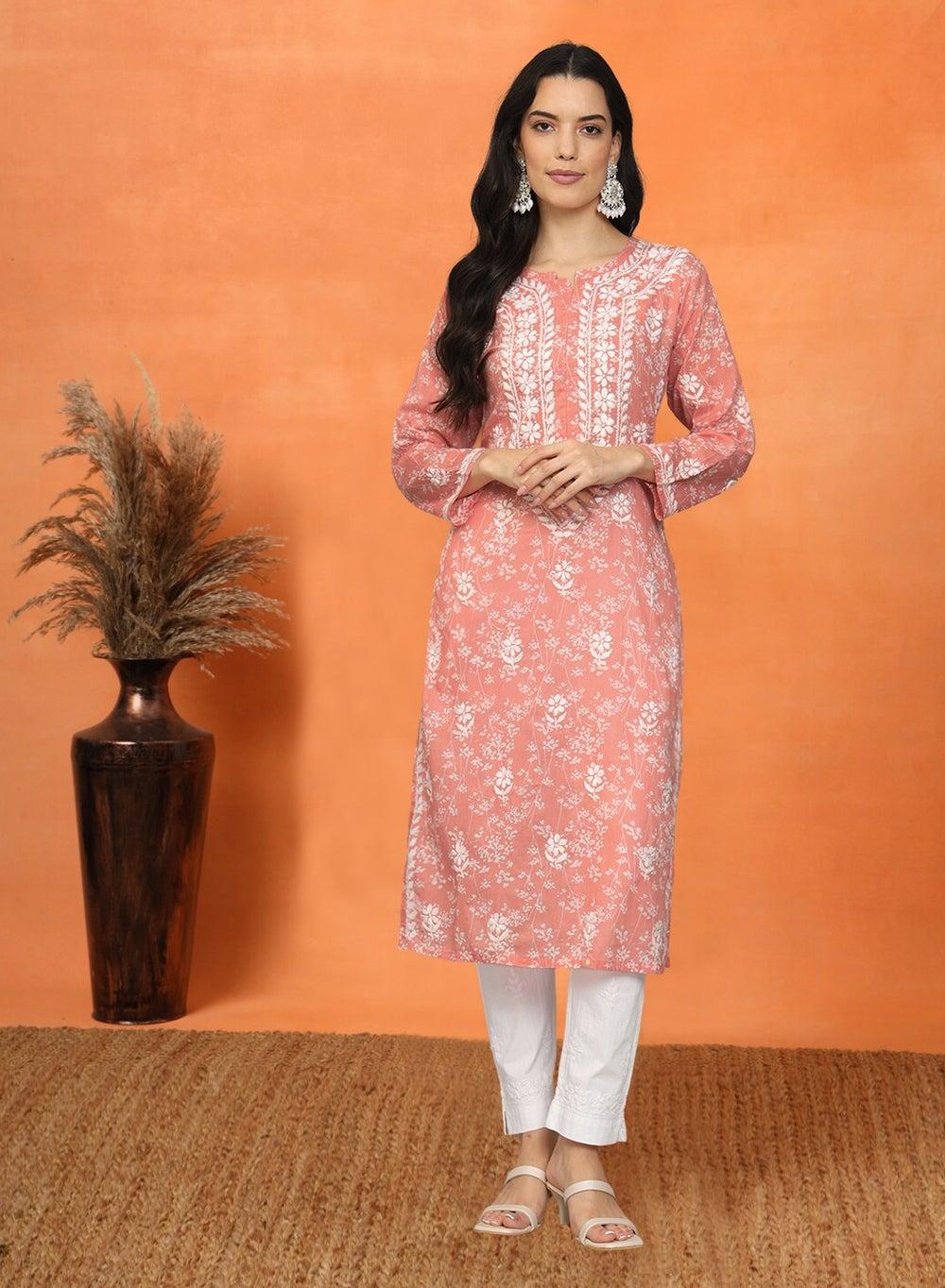 Peach Chikankari Mulmul Cotton Kurta AL4041 - Image 1